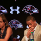 On May 23, 2014, running back Ray Rice, then of the Baltimore Ravens, pauses while addressing a news conference with his wife, Janay, at the Ravens training center in Owings Mills, Md.
Rob Carr/Getty Images